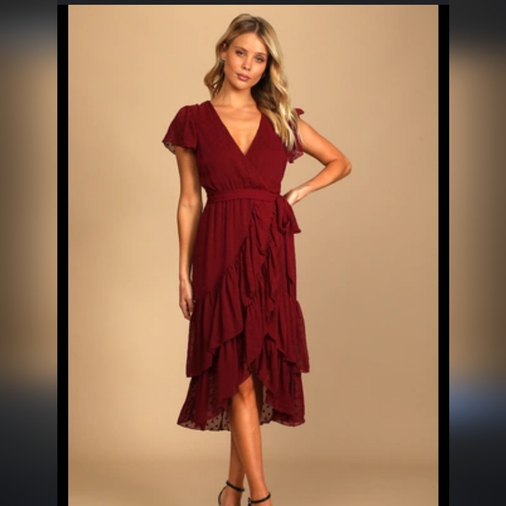 Lulu's Burgundy Ruffle Wrap Dress